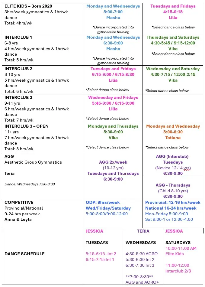 Schedule for website Competitive 2025-26 - Toronto Aspirals | Gymnastics Club competitive gymnastics schedule