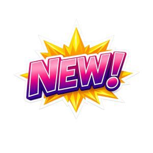 Comic-style explosion badge with the word NEW! in bold pink gradient letters, signaling a new item or feature.
